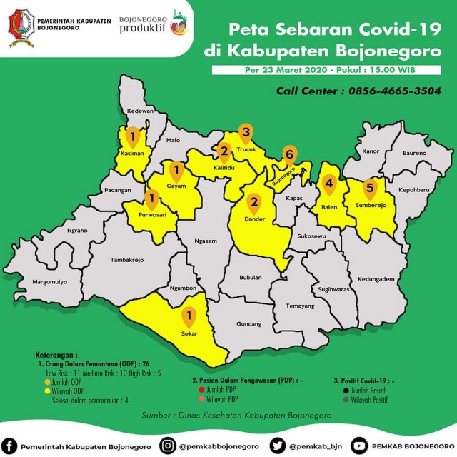 Infografis Peta Sebaran Virus Corona (Covid-19) di Kabupaten Bojonegoro pada Senin (23/03/2020) hingga pukul 15.00 WIB.