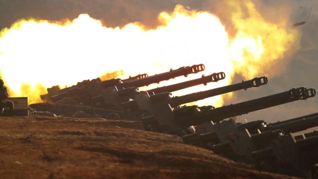 Kompetisi penembakan artileri di Korea Utara. Foto: Korean Central News Agency/Korea News Service via AP