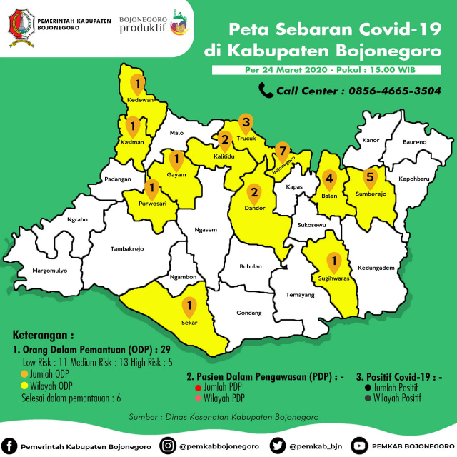 Infografis Peta Sebaran Virus Corona (Covid-19) di Kabupaten Bojonegoro pada Selasa (24/03/2020) hingga pukul 15.00 WIB.