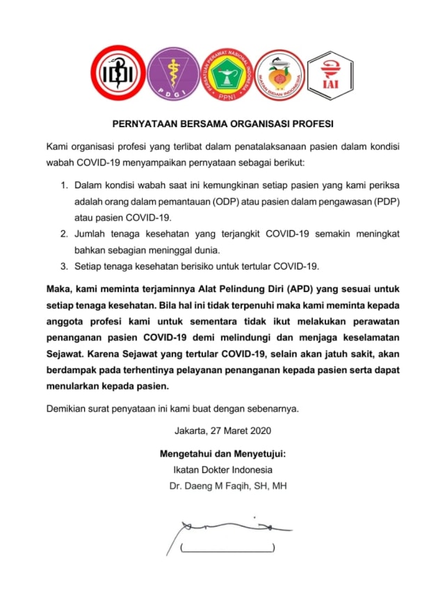Penyataan bersama organisasi profesi dalam menangani pasien virus corona. Foto: Dok. Istimewa