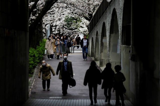 Warga berjalan di bawah bunga sakura di sepanjang Sungai Meguro, Tokyo, Jepang.  Foto: AP / Kiichiro Sato