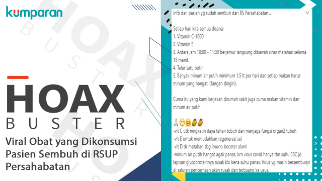 Hoaks Viral Obat yang Dikonsumsi Pasien Sembuh di RSUP Persahabatan. Foto: Dok. Istimewa