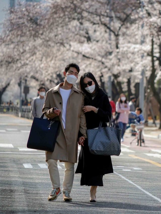 Pasangan berjalan dengan latar pohon sakura di Seoul, Korea Selatan. Foto: Reuters/KIM HONG-JI