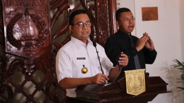 Anies Baswedan saat konferensi pers di Pendopo Balai Kota Jakarta, Rabu (8/4). Foto: Dok. Pemprov DKI Jakarta