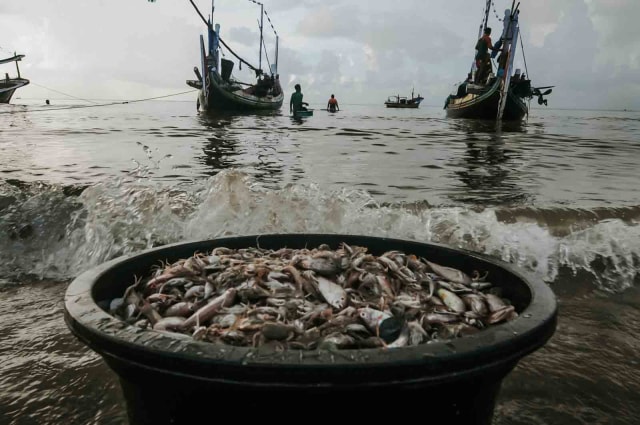 Nelayan menurunkan udang tangkapannya di Pantai Jumiang, Pamekasan, Jawa Timur, Rabu (1/4/2020). Foto: Antara/Saiful Bahri