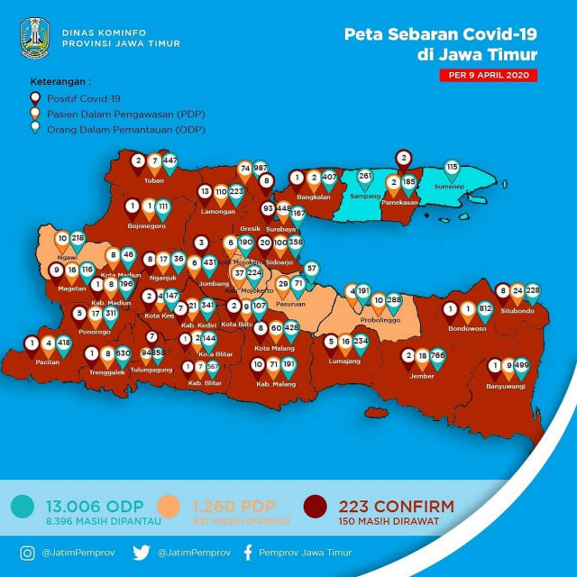 Infografis Peta Sebaran Virus Corona (Covid-19) di Jawa Timur hingga Kamis (09/04/2020) 