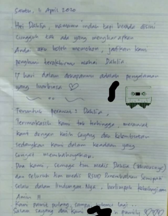 Foto surat dari bocah 7 tahun yang sembuh dari COVID-19 pada perawat. Foto: Istimewa.