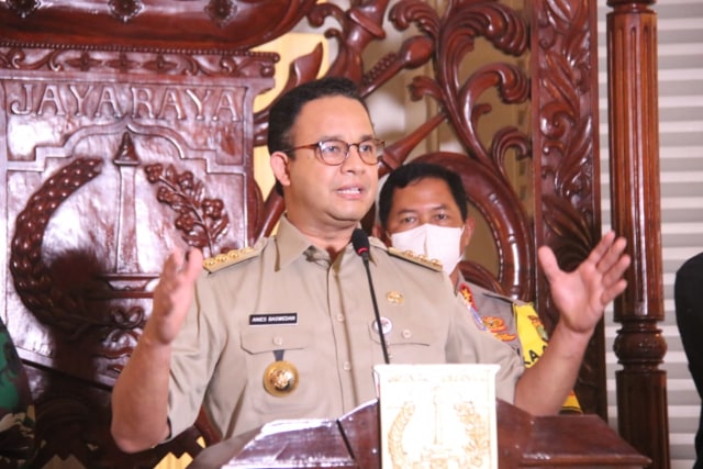 Gubernur DKI Jakarta, Anies Baswedan, saat konferensi pers terkait evaluasi PSBB. Foto: Dok. Pemprov DKI Jakarta