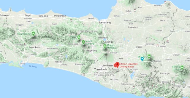 Lokasi Perbukitan Jiwo (Keterangan di gambar sebagai Stasiun Lapangan Geologi Bayat) di Klaten, Jawa Tengah (Google maps)