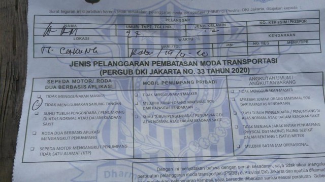 Blanko teguran bagi pengendara yang langgar PSBB DKI Jakarta. Foto: Dok. Istimewa