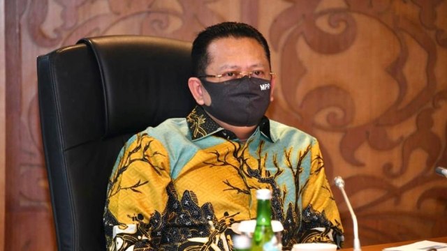 Ketua MPR Bambang Soesatyo saat rapat Pimpinan MPR bersama Badan Anggaran MPR, Kamis (16/4). Foto: Dok. MPR