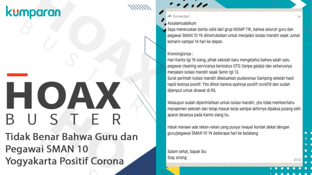 Hoax Buster pesan yang menyebut SMAN 10 Yogyakarta positif corona. Foto: Dok. Istimewa