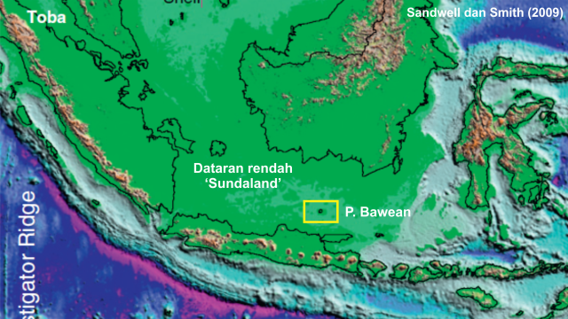 Gambar 1. Citra Digital Elevation Model dari Laut Jawa yang menunjukkan kedalaman laut yang bergradasi rendah dan "menyatukan" Pulau Jawa, Sumatra, dan Kalimantan (Sumber: Sandwell dan Smith)