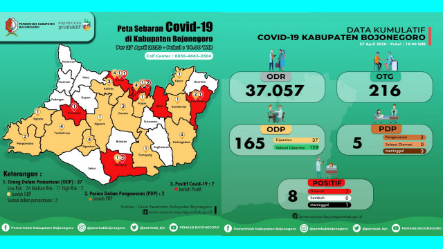 Infografis Peta Sebaran dan Grafik Kumulatif Pemantauan Virus Corona (Covid-19) di Kabupaten Bojonegoro hingga Senin (27/04/2020)