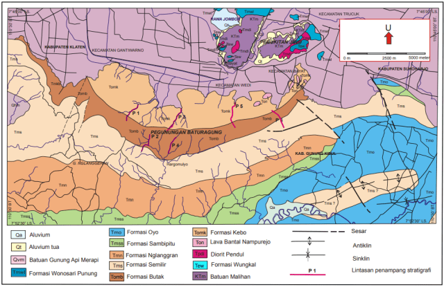 Peta geologi Pegunungan Baturagung dan Perbukitan Jiwo (Sumber: Surono, 2008)