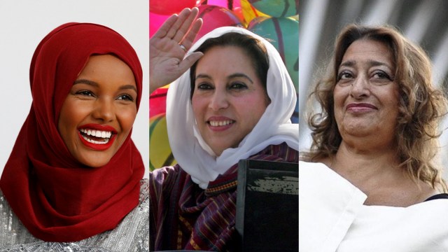 Halima Aden, Benazir Bhutto, dan Zaha Hadid. Foto: REUTERS/AFP / Instagram @zahahadiddesign