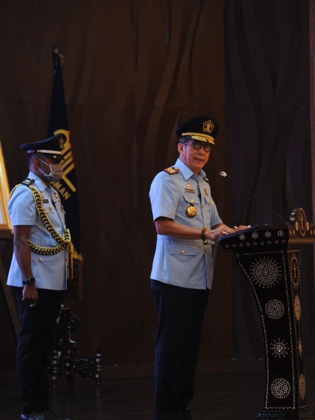 Menkumham Yasonna Laoly memberikan sambutan pada pelantikan pejabat Eselon I dan Eselon II Kementerian Hukum dan HAM di Graha Pengayoman Kemenkumham, Jakarta Foto: Dok. Humas Kemenkumham