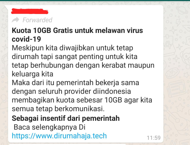 Penipuan yang menyebut pemerintah bekerja sama dengan operator seluler memberikan kuota internet 10 GB gratis. Foto: Istimewa