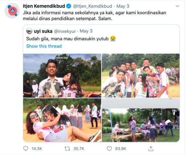 Sejumlah aksi kelulusan siswa SMA yang dilansir oleh Twitter Itjen Kemendikbud. 