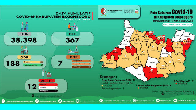 Infografis Peta Sebaran dan Grafik Kumulatif Pemantauan Virus Corona (Covid-19) di Kabupaten Bojonegoro hingga Senin (04/05/2020)