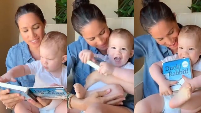 Archie Harrison dan Meghan Markle saat membaca buku 'Duck! Rabbit!' Foto: Instagram/@savechildrenuk