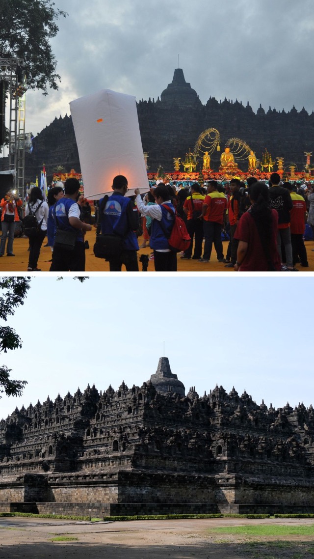 Foto kolase perbandingan suasana perayaan hari raya Tri Suci Waisak sebelum adanya pandemi COVID-19 (atas) dan saat pandemi COVID-19. Foto: ANTARA FOTO/Anis Efizudin