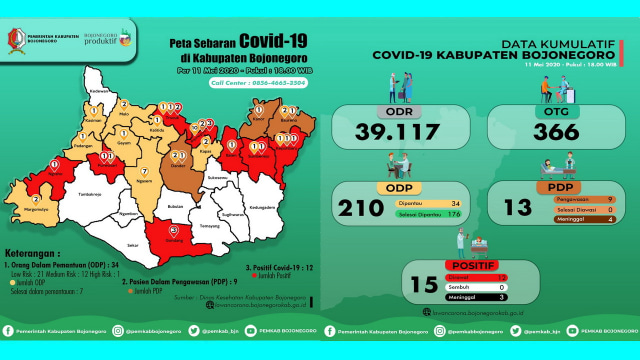 Infografis Peta Sebaran dan Grafik Kumulatif Pemantauan Virus Corona (Covid-19) di Kabupaten Bojonegoro hingga Senin (11/05/2020)