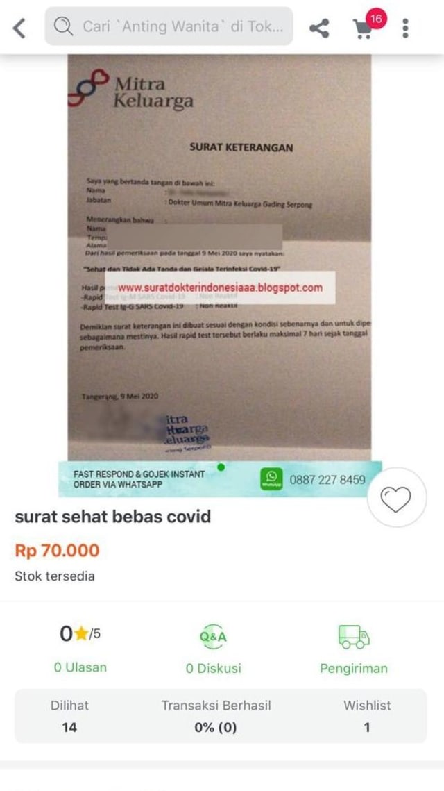 Surat keterangan sehat dijual bebas di situs belanja online. Foto: Dok. Istimewa