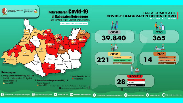 Infografis Peta Sebaran dan Grafik Kumulatif Pemantauan Virus Corona (Covid-19) di Kabupaten Bojonegoro hingga Minggu (17/05/2020)