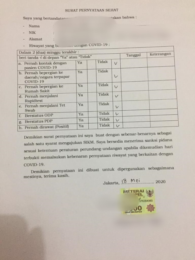 Contoh Surat Keterangan dalam syarat pengajuan Surat Izin Keluar Masuk Jakarta (SIKM) secara online. Foto: Andesta Herli Wijaya/kumparan