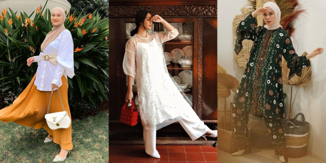 Tips OOTD lebaran dengan baju lama. Foto: dok. Instagram/ @indahnadapuspita, @anaoctarina, @tantrinamirah