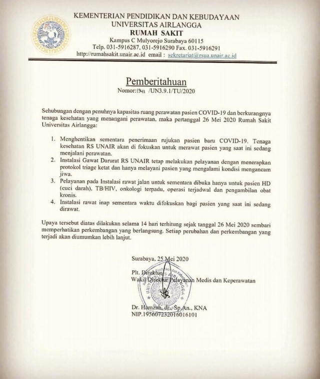 Surat pengumuman Rumah Sakit Universitas Airlangga (Unair) menghentikan sementara penerimaan pasien COVID-19. Foto: Dok. Istimewa