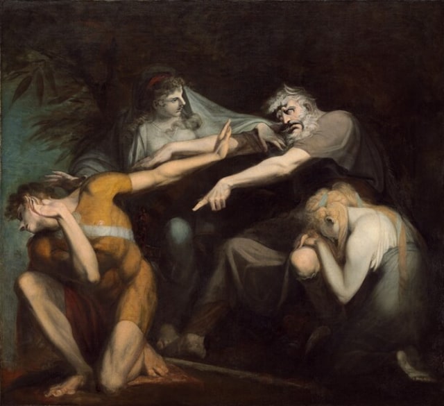 Sebuah karya dari Henry Fusell mengisahkan ketegangan klimaks Oedipus di Colonus, sebuah drama dari Sophocles (source: https://www.nga.gov/features/slideshows/british-and-american-history-paintings-of-the-1700s.html#slide_4)