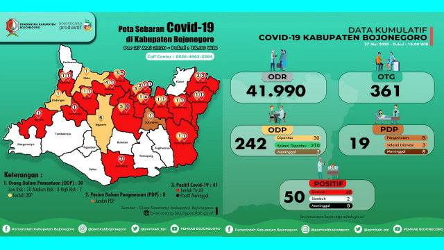 Infografis Peta Persebaran Virus Corona dan Grafik Kumulatif Pemantauan Virus Corona (Covid-19) di Kabupaten Bojonegoro hingga Rabu (27/05/2020)