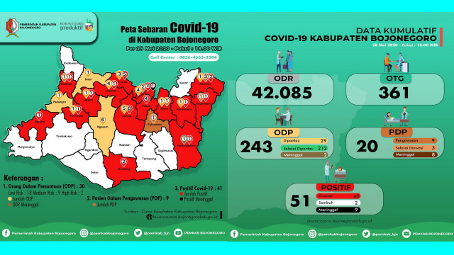 Infografis Peta Persebaran Virus Corona dan Grafik Kumulatif Pemantauan Virus Corona (Covid-19) di Kabupaten Bojonegoro hingga Kamis (28/05/2020)