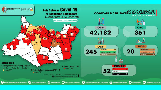 Infografis Peta Persebaran Virus Corona dan Grafik Kumulatif Pemantauan Virus Corona (Covid-19) di Kabupaten Bojonegoro hingga Jumat (29/05/2020)