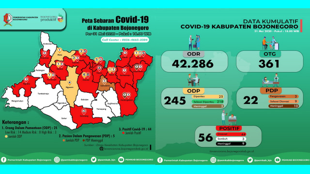 Infografis Peta Persebaran Virus Corona dan Grafik Kumulatif Pemantauan Virus Corona (Covid-19) di Kabupaten Bojonegoro hingga Minggu (31/05/2020)