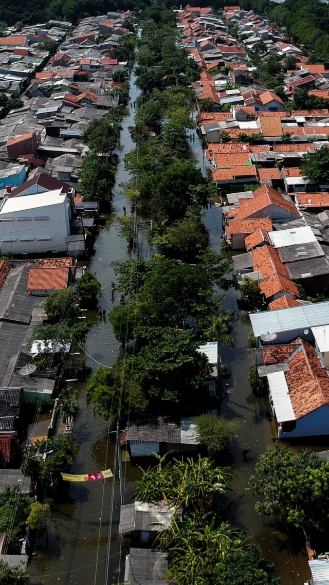 Foto udara kondisi banjir rob di Slamaran, Pekalongan, Jawa Tengah, Rabu (3/6). Foto: ANTARA FOTO/Harviyan Perdana Putra