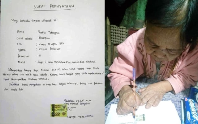 Gambar kolase surat pernyataan yang dibuat Oma Sartje yang menolak Bantuan Langsung Tunai (BLT), dan sosok Oma Sartje yang menandatangani surat pernyataan tersebut. (foto: istimewa)