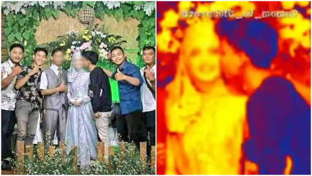 Tamu pria cium mempelai perempuan saat sesi foto bareng pengantin dalam resepsi pernikahan. Foto: Twitter @subtanyarl