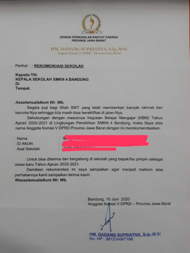 Heboh Surat Rekomendasi Calon Murid dari Anggota DPRD Jawa Barat. Foto: Rachmadi Rasyad/kumparan