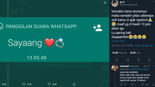 Telepon sampai 13 jam bersama pacar. (Foto: @kelomang_bacot/Twitter)