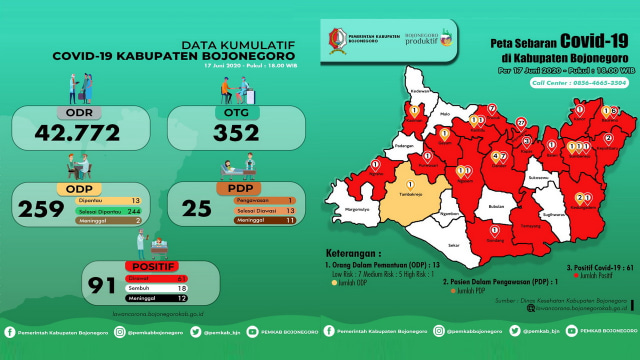Infografis Peta Persebaran Virus Corona dan Grafik Kumulatif Pemantauan Virus Corona (Covid-19) di Kabupaten Bojonegoro hingga Rabu (17/06/2020)