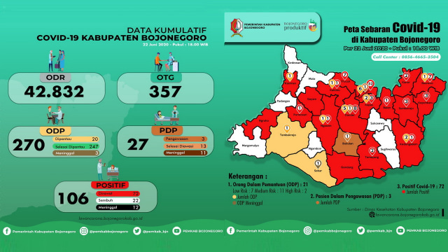 Infografis Peta Persebaran Virus Corona dan Grafik Kumulatif Pemantauan Virus Corona (Covid-19) di Kabupaten Bojonegoro hingga Senin (22/06/2020)