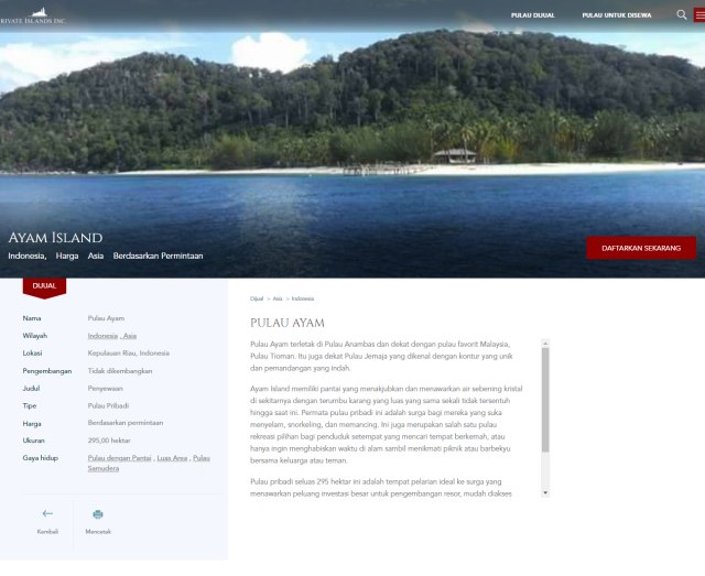 Tangkapan layar di situs privateislandsonline.com. Foto : kepripedia.com/privateislandsonline.com.