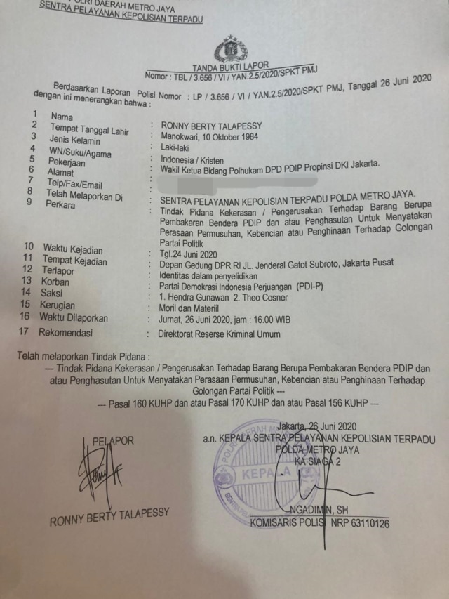 Surat laporan polisi oleh DPD PDIP terkait pembakaran bendera partai. Foto: Dok. Istimewa