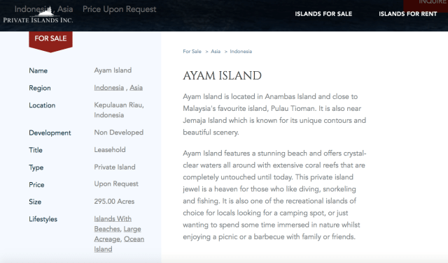 Iklan penjualan Pulau Ayam di situs privatesislandonline.com. Foto: Dok. Istimewa