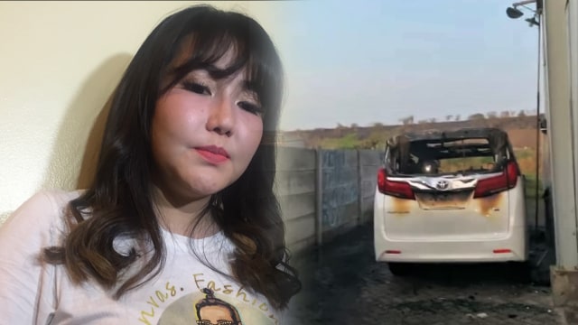 Via Vallen dan mobilnya yang terbakar. Foto: Sarah Yulianti Purnama/kumparan & Instagram/@viavallen