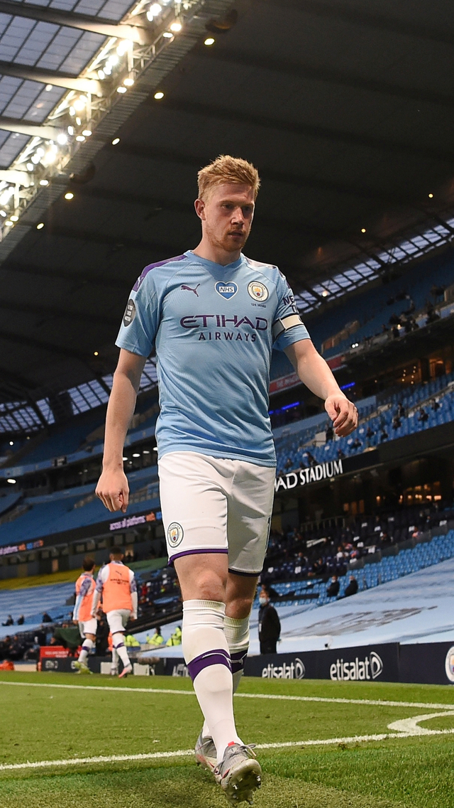Pemain Manchester City Kevin De Bruyne, di Stadion Etihad, Manchester, Inggris. Foto: Laurence Griffiths/Pool via REUTERS