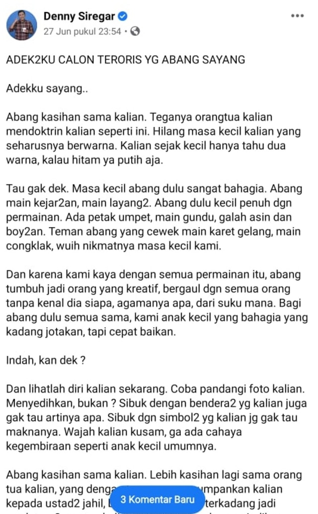 Postingan Denny Siregar yang membuatnya dilaporkan ke Polresta Tasikmalaya. Foto: Dok. Istimewa